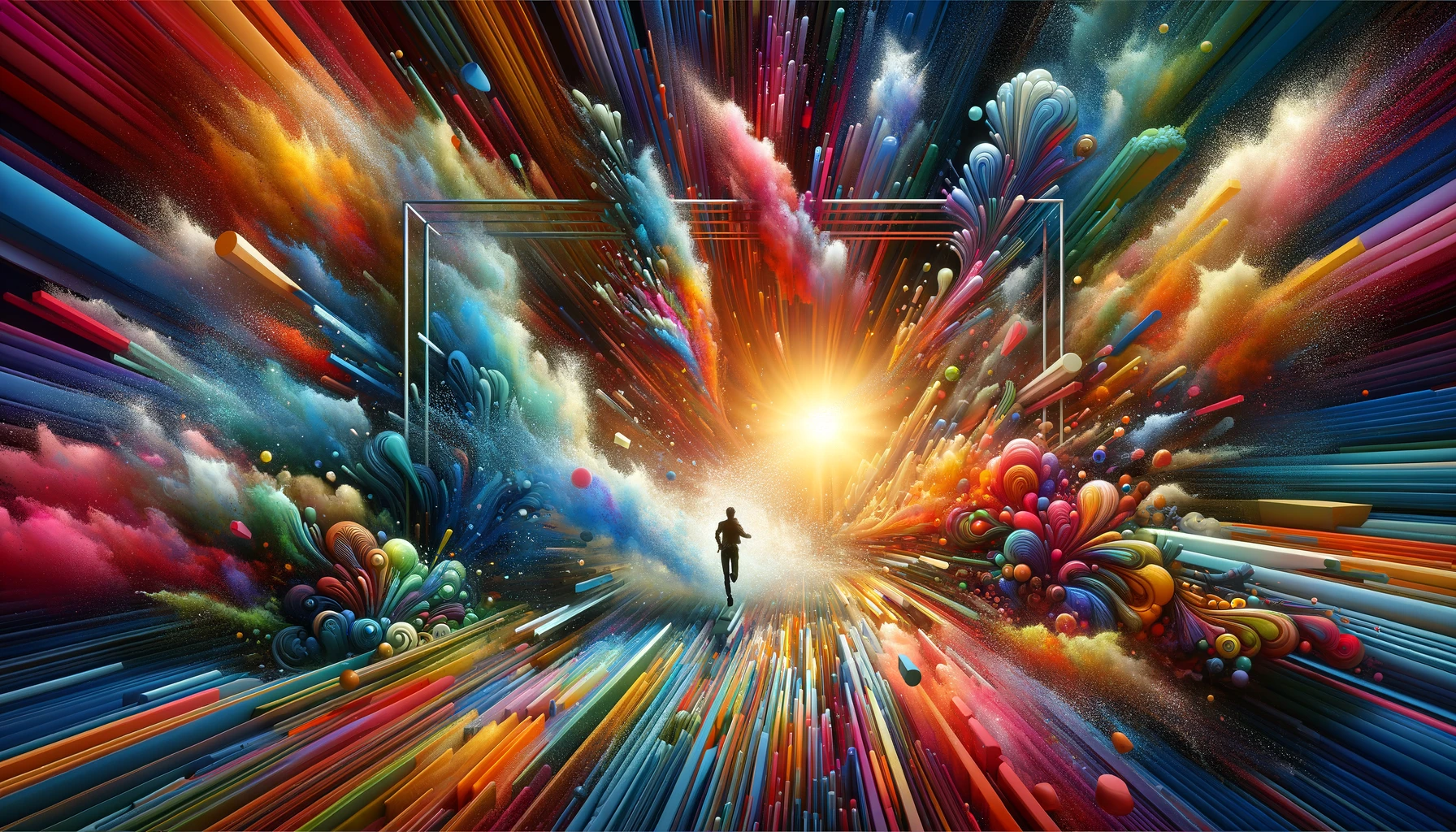 A dynamic and colorful breaking through conventional boundaries, depicting a figure advancing towards a radiant horizon beyond structured frames