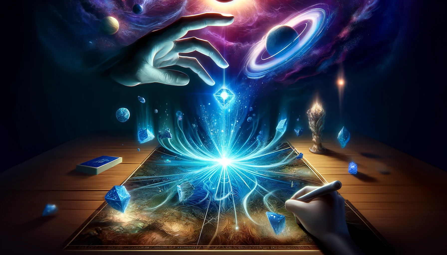 A hand casts the luminous Space Stone onto a game board, bending reality with strategic foresight and adaptability in a stunning cosmic display.