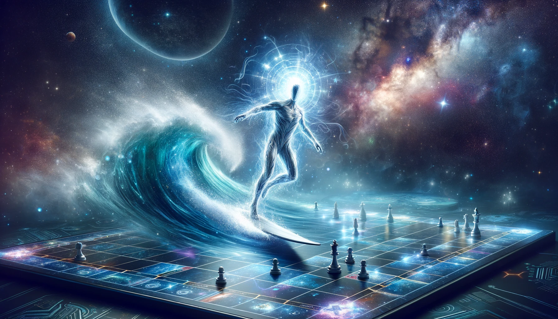 A human silhouette on a board, moving on a cosmic wave, against a background of outer space, with a chessboard and pieces in the foreground.