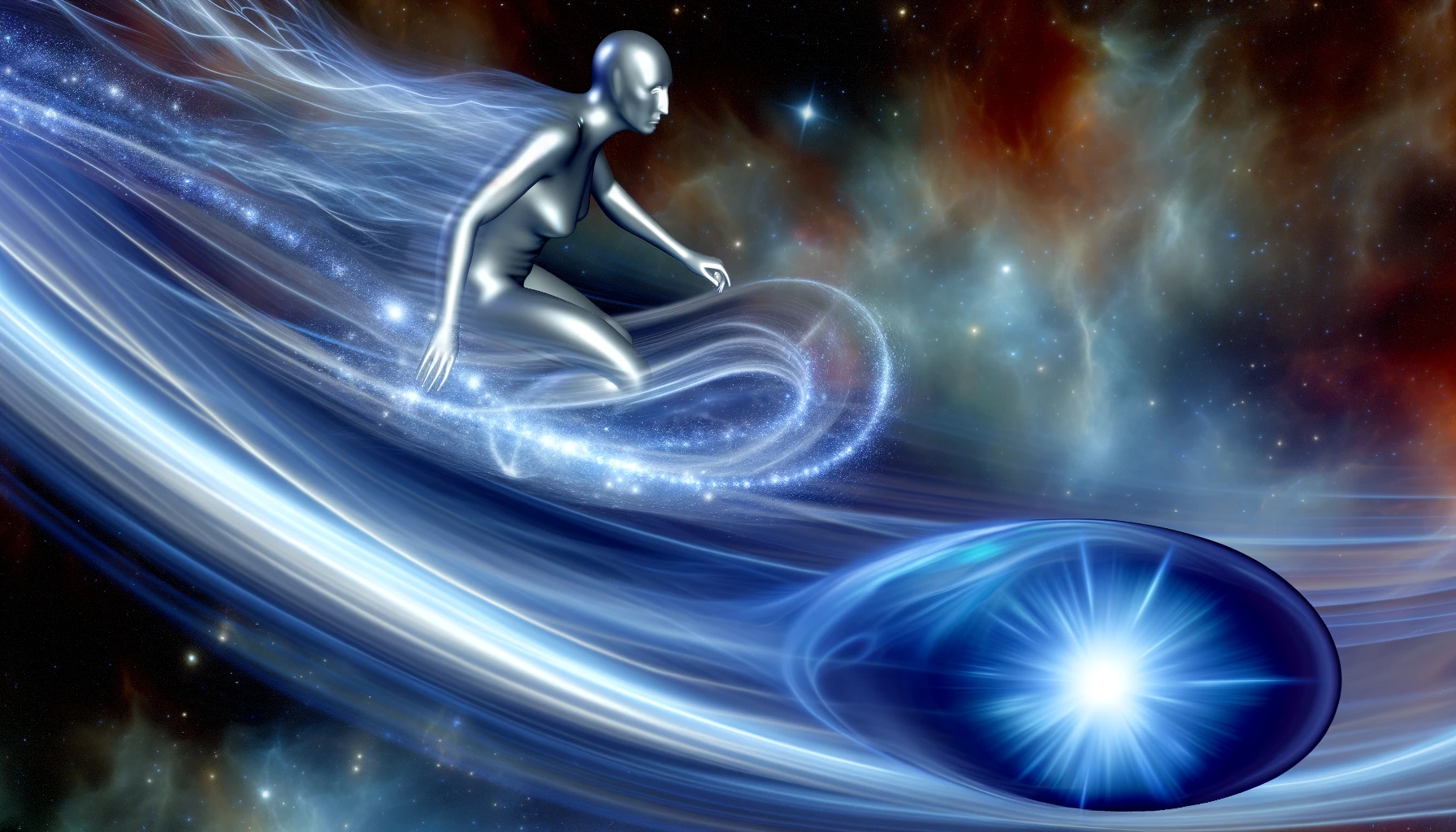 The Silver Surfer glides through the cosmos, with the Space Stone's energy guiding the path.