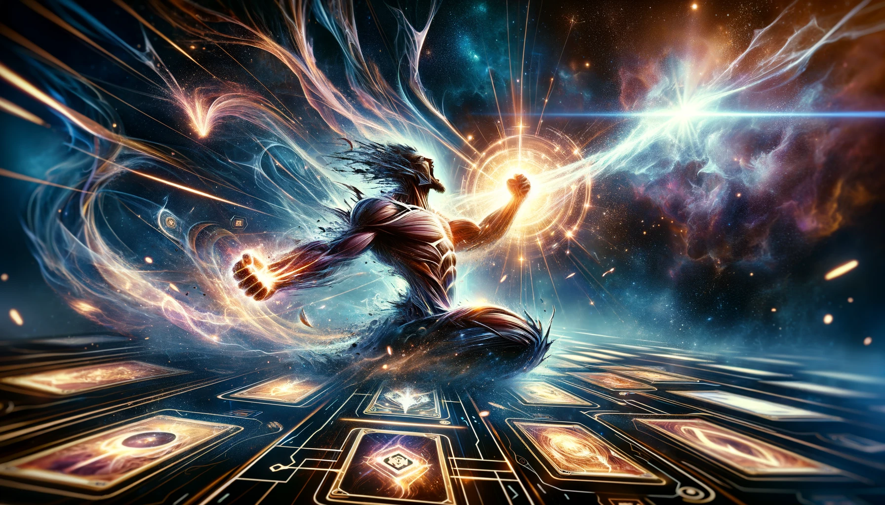 Wolverine unleashes cosmic energy with the Space Stone,  on a starlit game board in Marvel Snap.