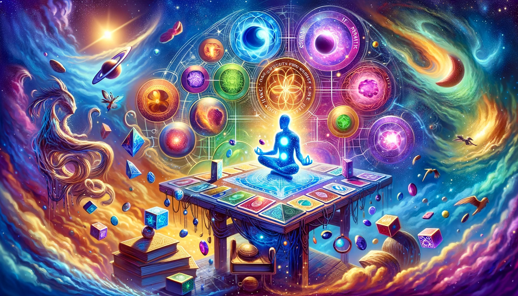 Space scene with a meditating figure and mystical symbols, inspired by the Marvel Snap Infinity Stones