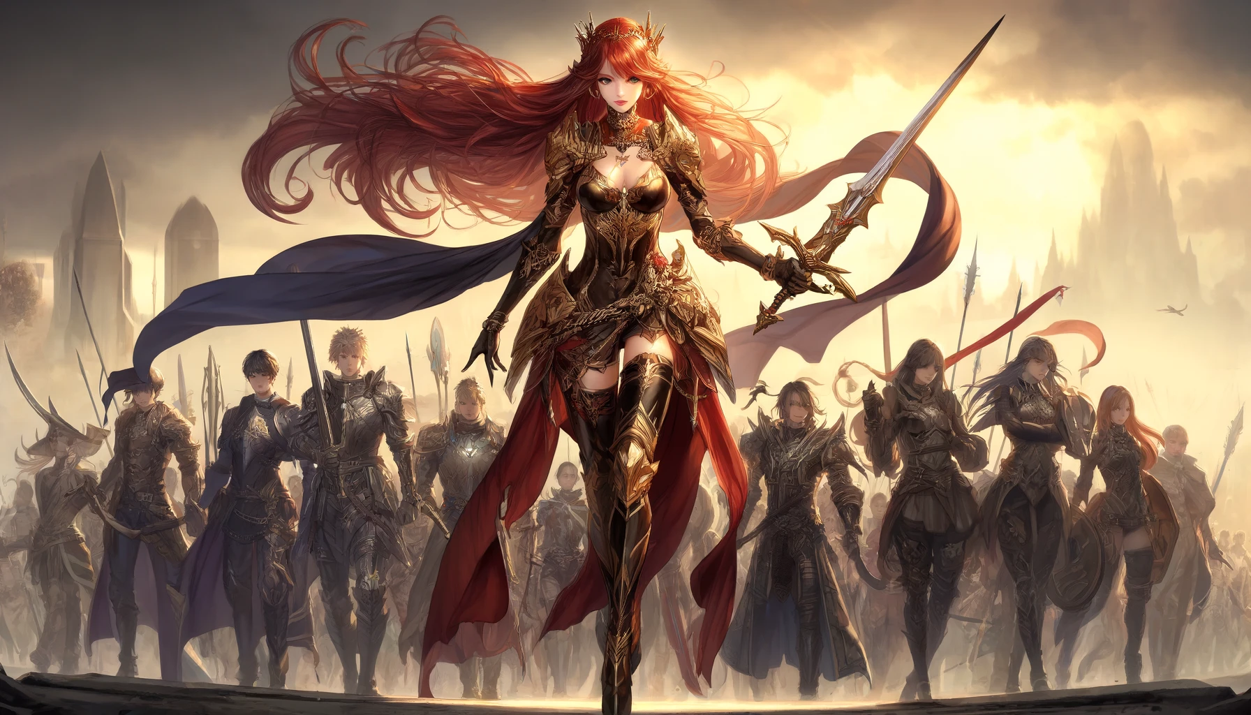 Valkyrie in light armor and with a sword in her hand walks at the head of the squad.