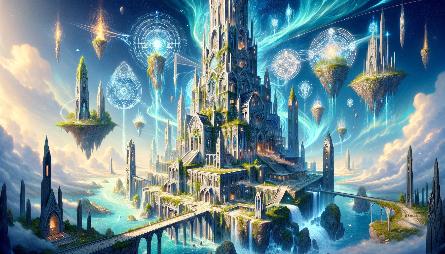The high-rise building is a fantasy-style castle surrounded by flying islands and clouds.