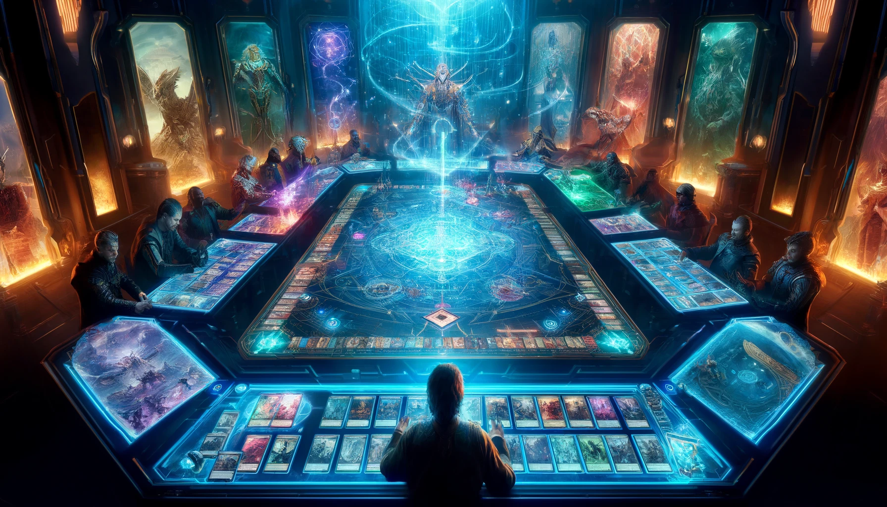 Players engage in an intense card game, strategizing around a holographic table with cosmic entities.