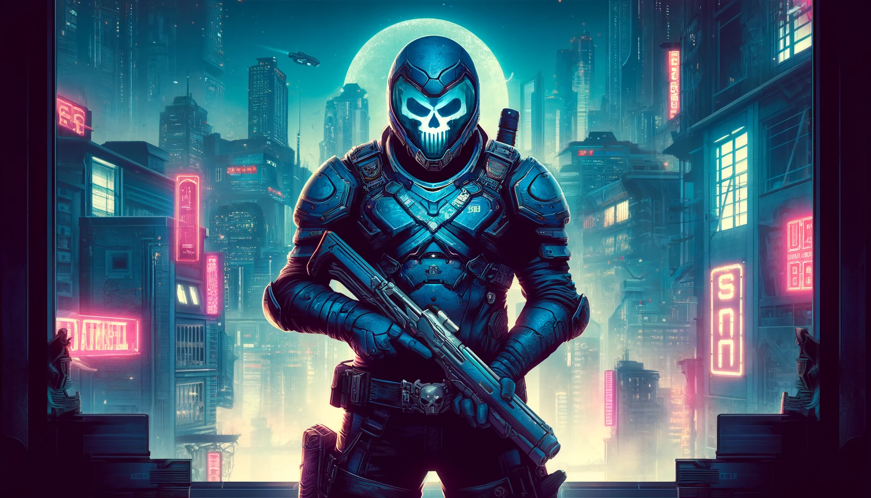 A warrior in combat overalls in a helmet with a skull mask stands against the backdrop of city buildings, controlling the area.