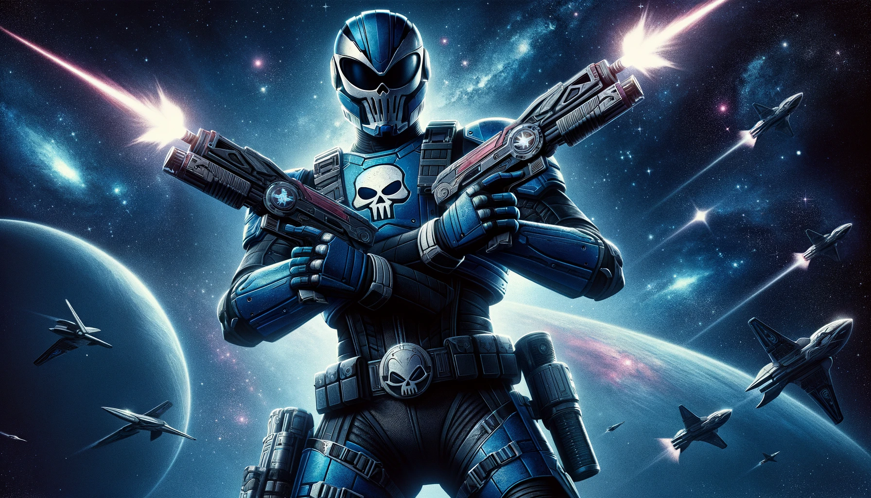 Space warrior with skull mask, dual blasters firing, amidst a cosmic battle with starships.