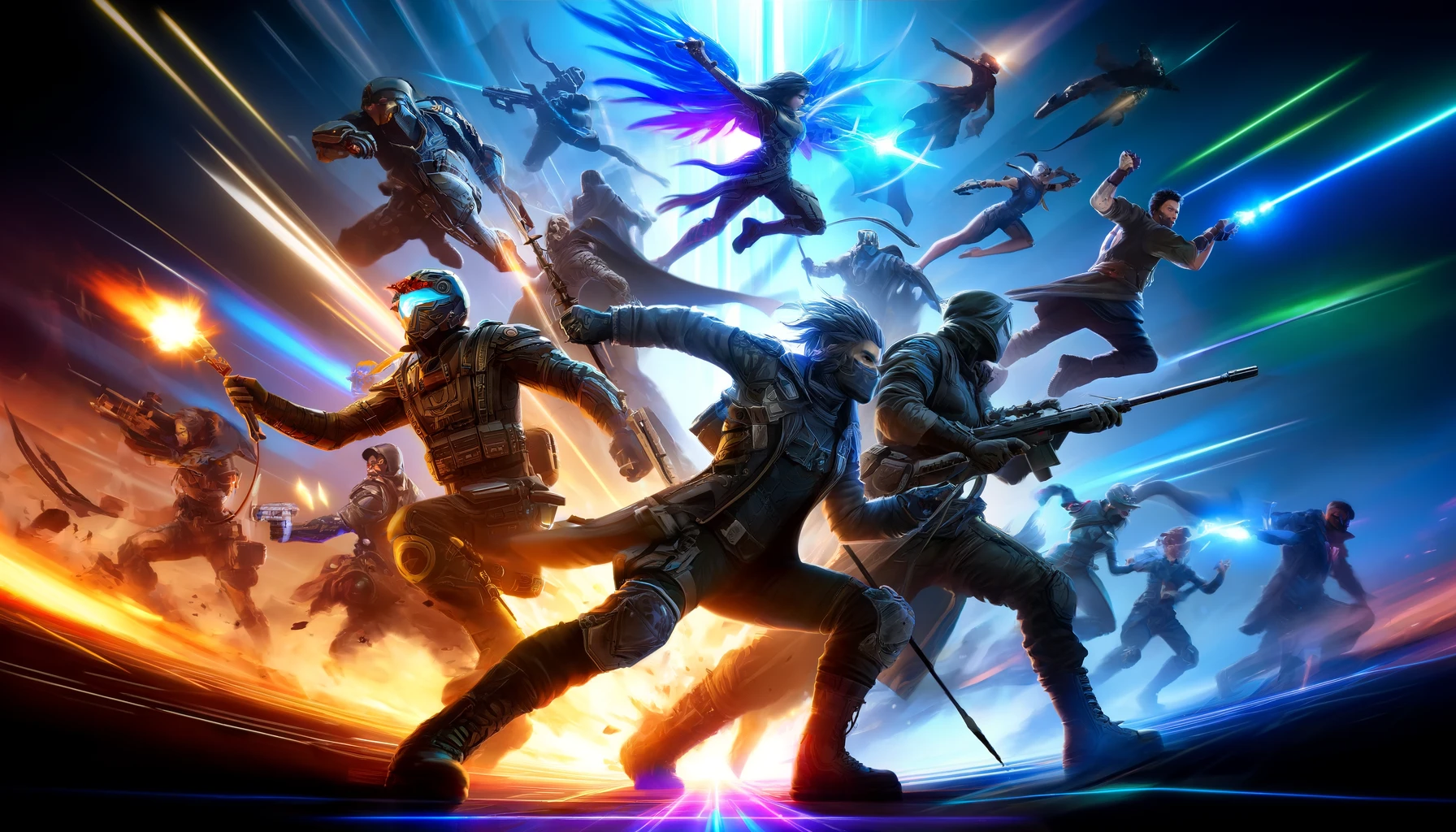 Futuristic soldiers and winged warriors clash in a dynamic battle tableau.