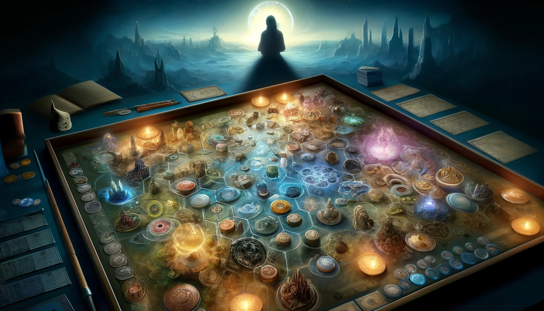 Mystical board game with glowing elements and ethereal backdrop