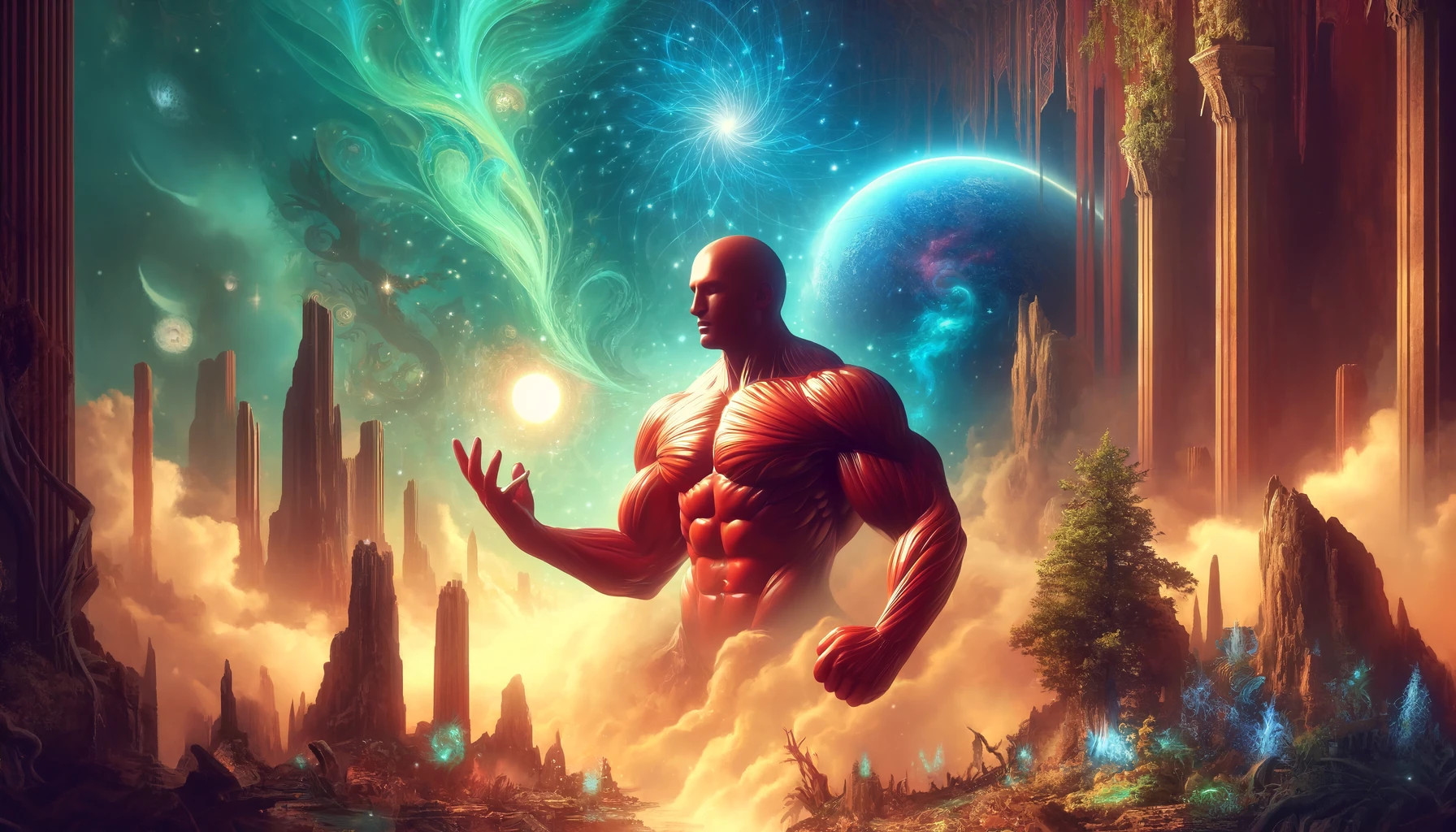 A red muscular giant stands amidst a fantastical landscape, magic at his fingertips and celestial bodies illuminating the sky.