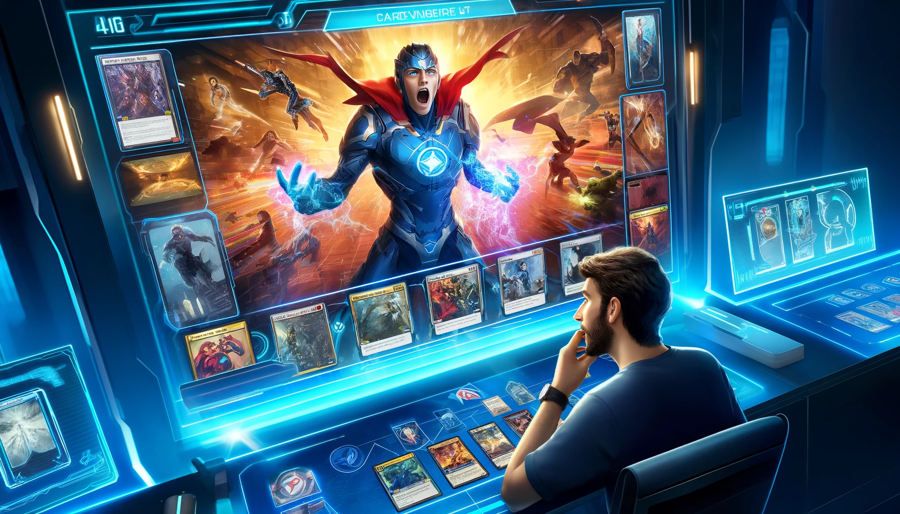 Capturing a high-tech card game battle between players in a futuristic gaming arena.