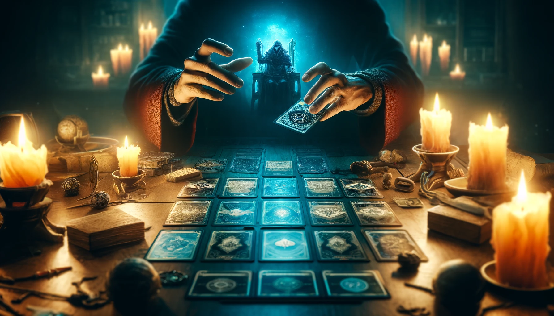 Mysterious figure dealing tarot cards illuminated by candlelight