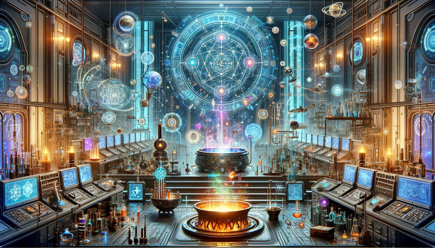 Orbital bodies and alchemical symbols in a high-tech control room