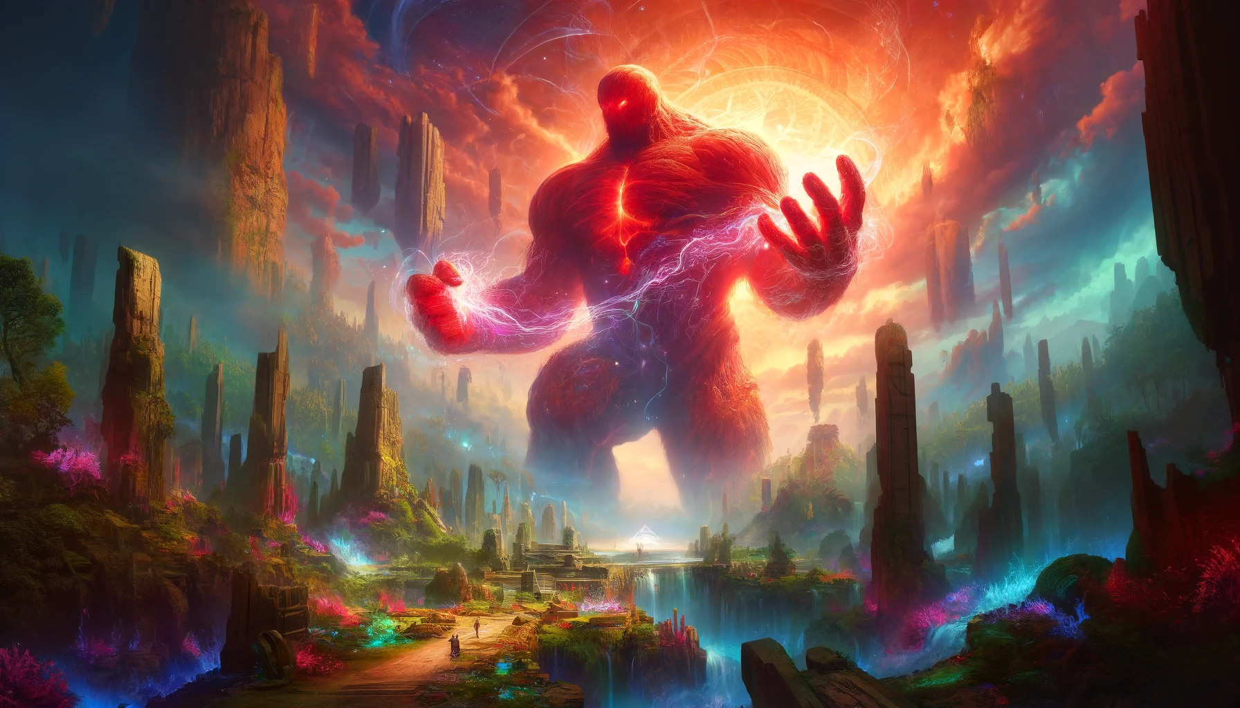 A colossal red energy figure towers over an ancient, mystical landscape under a vibrant sky.
