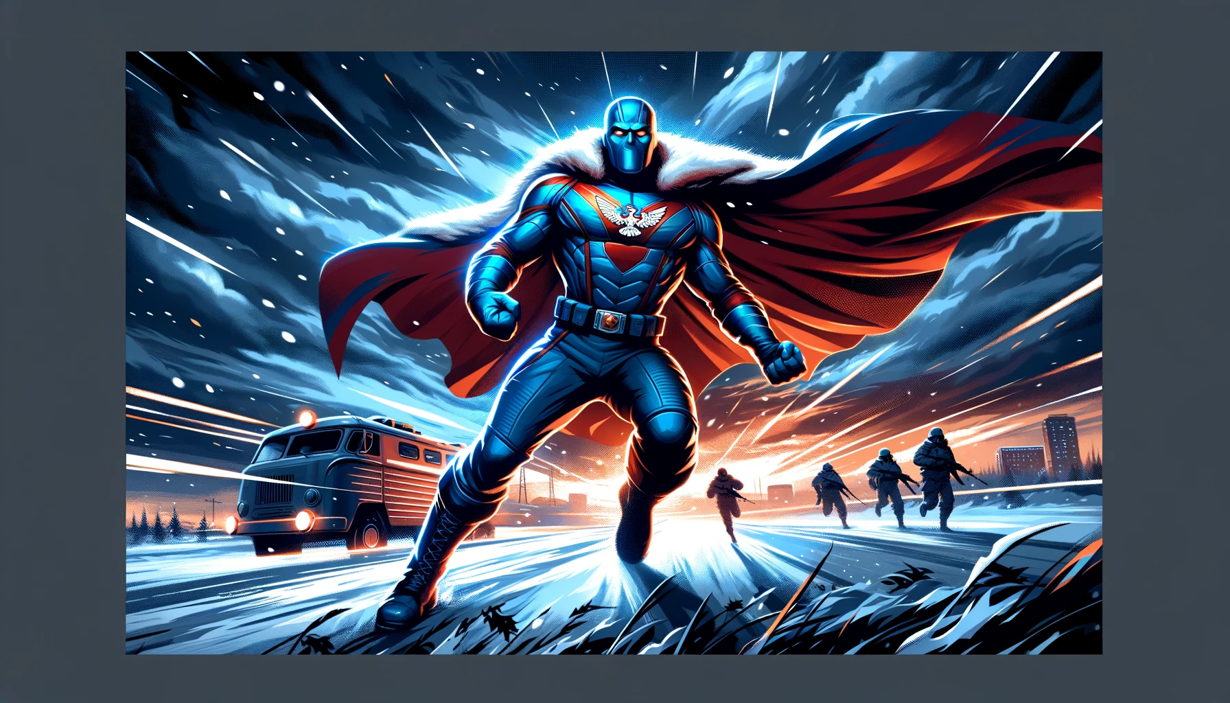 A Red Guardian with a red and blue cape walks decisively along a snowy street, silhouettes of military personnel in the distance.