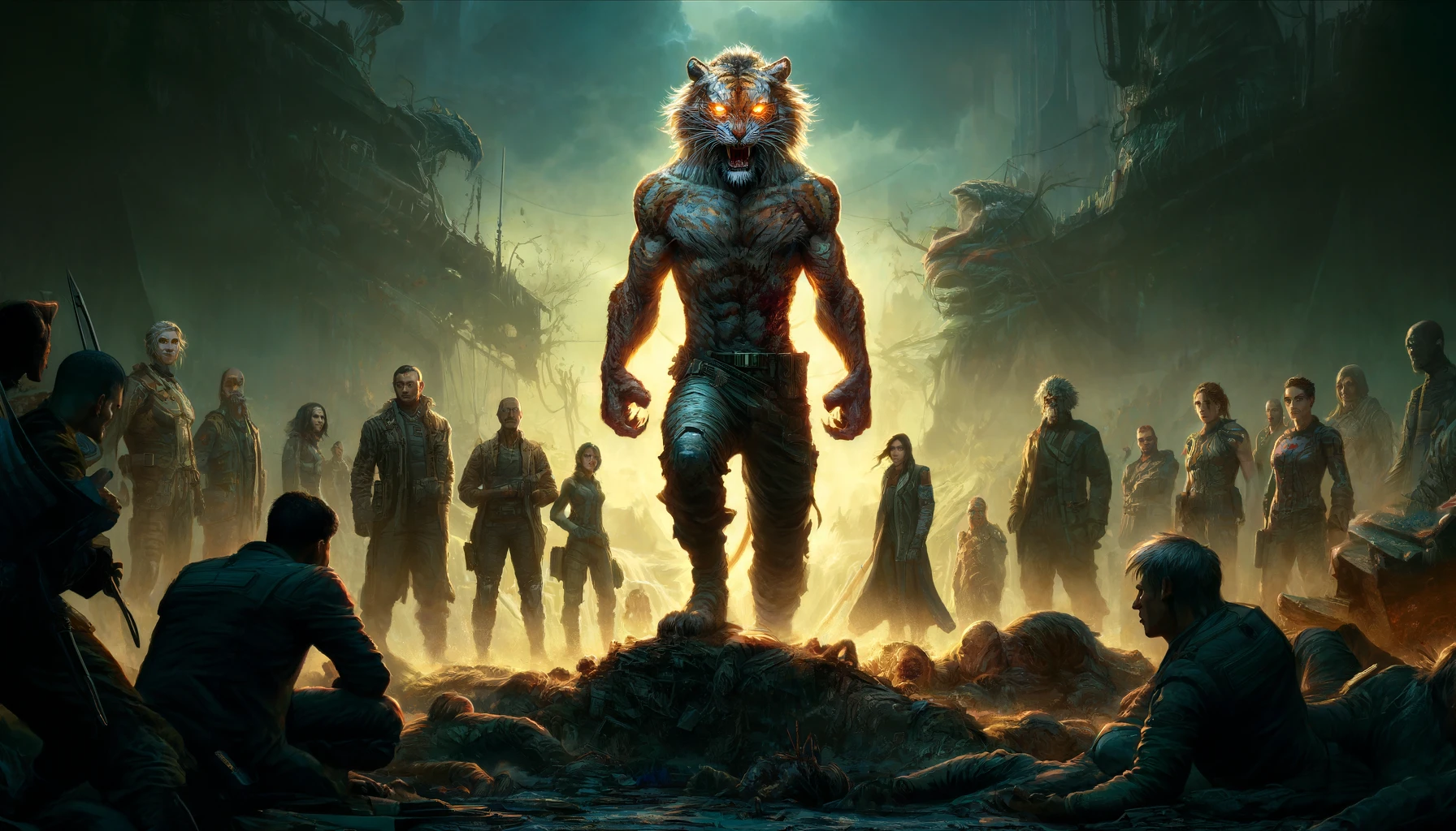 A huge werewolf tiger is coming towards you against the backdrop of the sun's glow, surrounded by many fighters.