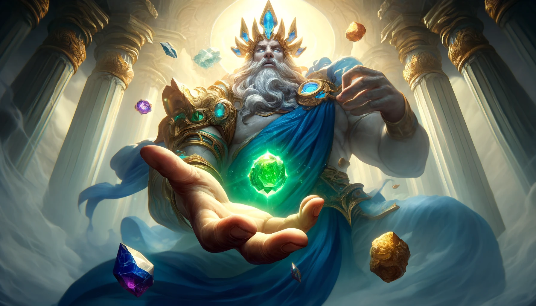 The regal giant Thanos holds the green time stone floating above her in his palm.