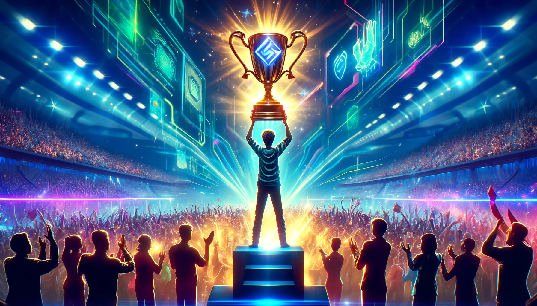 A triumphant player celebrates with a holographic trophy in a vibrant, futuristic stadium.
