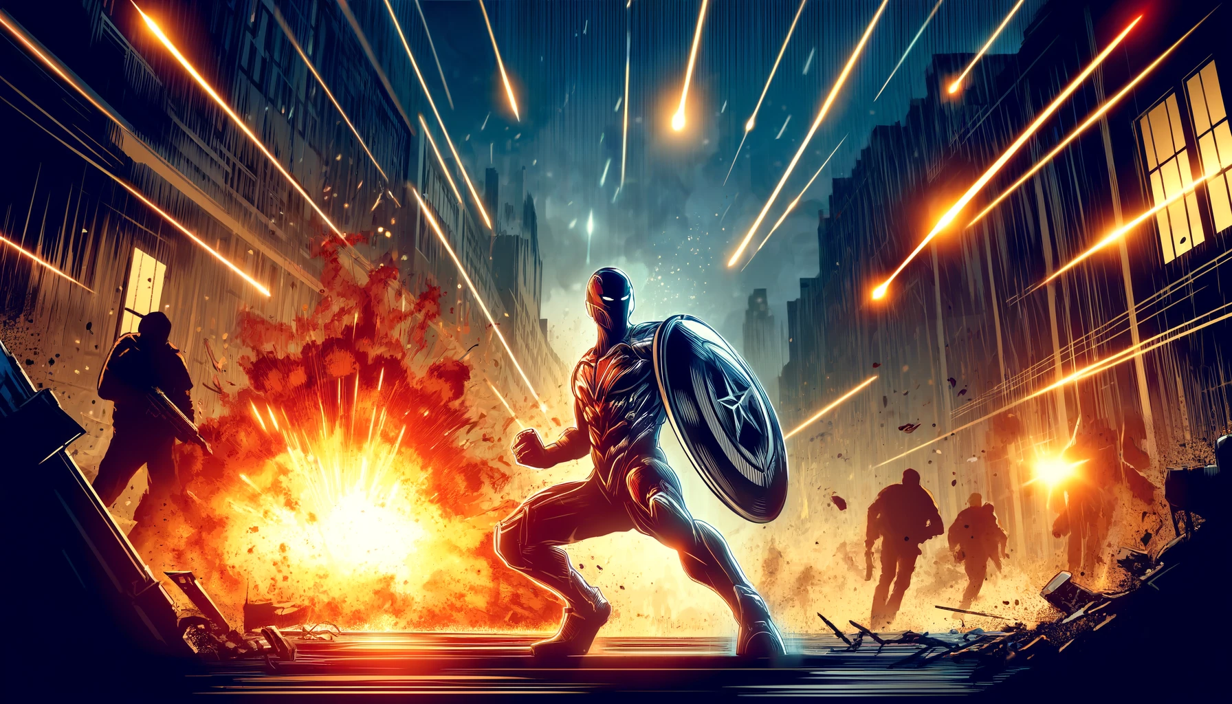 A superhero with a shield in the center of an explosion and a shootout against the backdrop of a night city.