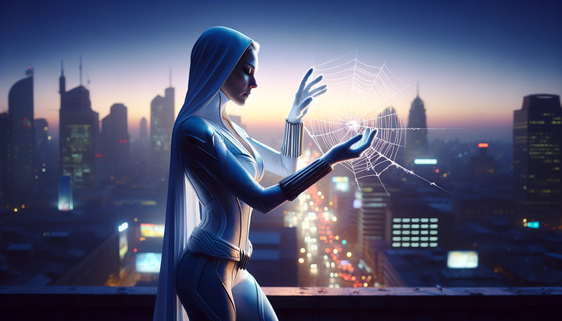 A female superhero in a white suit with a web, stands on the roof of a skyscraper against the backdrop of city lights.