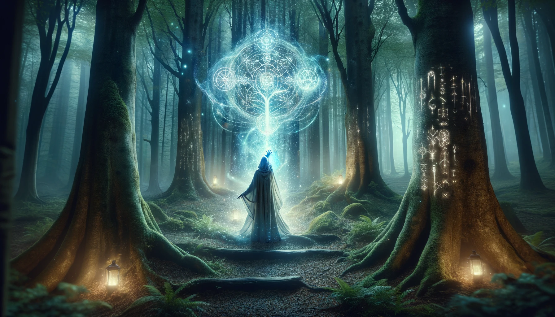 Mystical figure in a magical forest, offering enchantment amidst ancient, glowing trees.