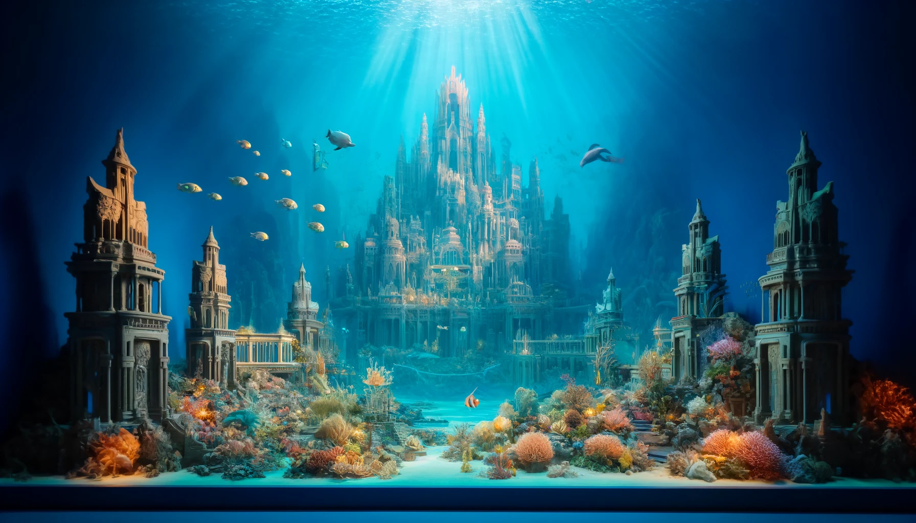  A breathtaking underwater city of Atlantis with intricate towers, vibrant coral reefs, and exotic fish swimming in a clear blue ocean. The scene captures the grandeur and mystique of an advanced civilization beneath the waves, resembling a still from a  fantasy film.