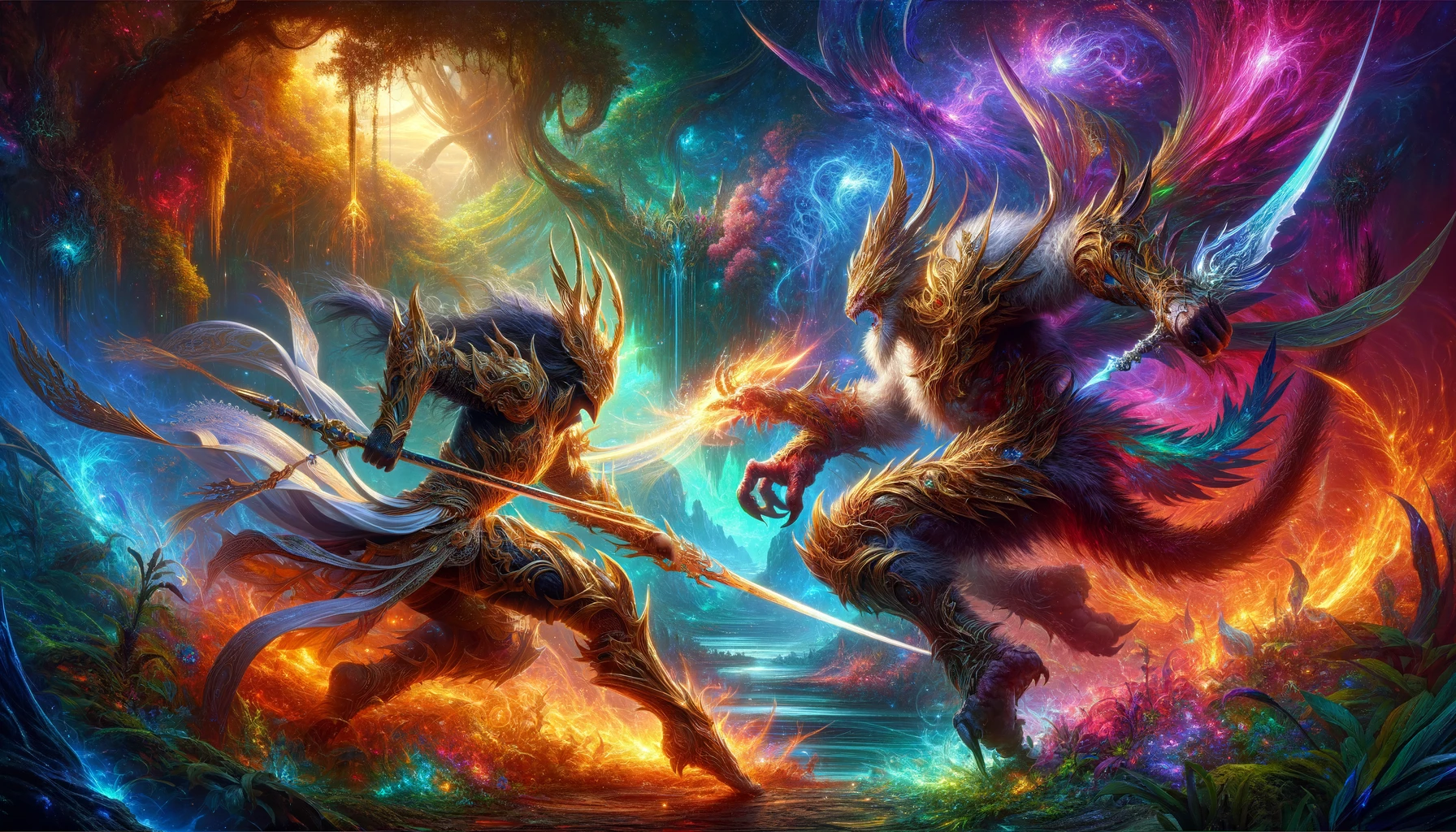 A wide image capturing a dynamic battle between two warriors in a fantastical setting, one humanoid in ornate armor parrying an attack, and the other a fierce beast-like creature, amidst an eerie, colorful landscape.