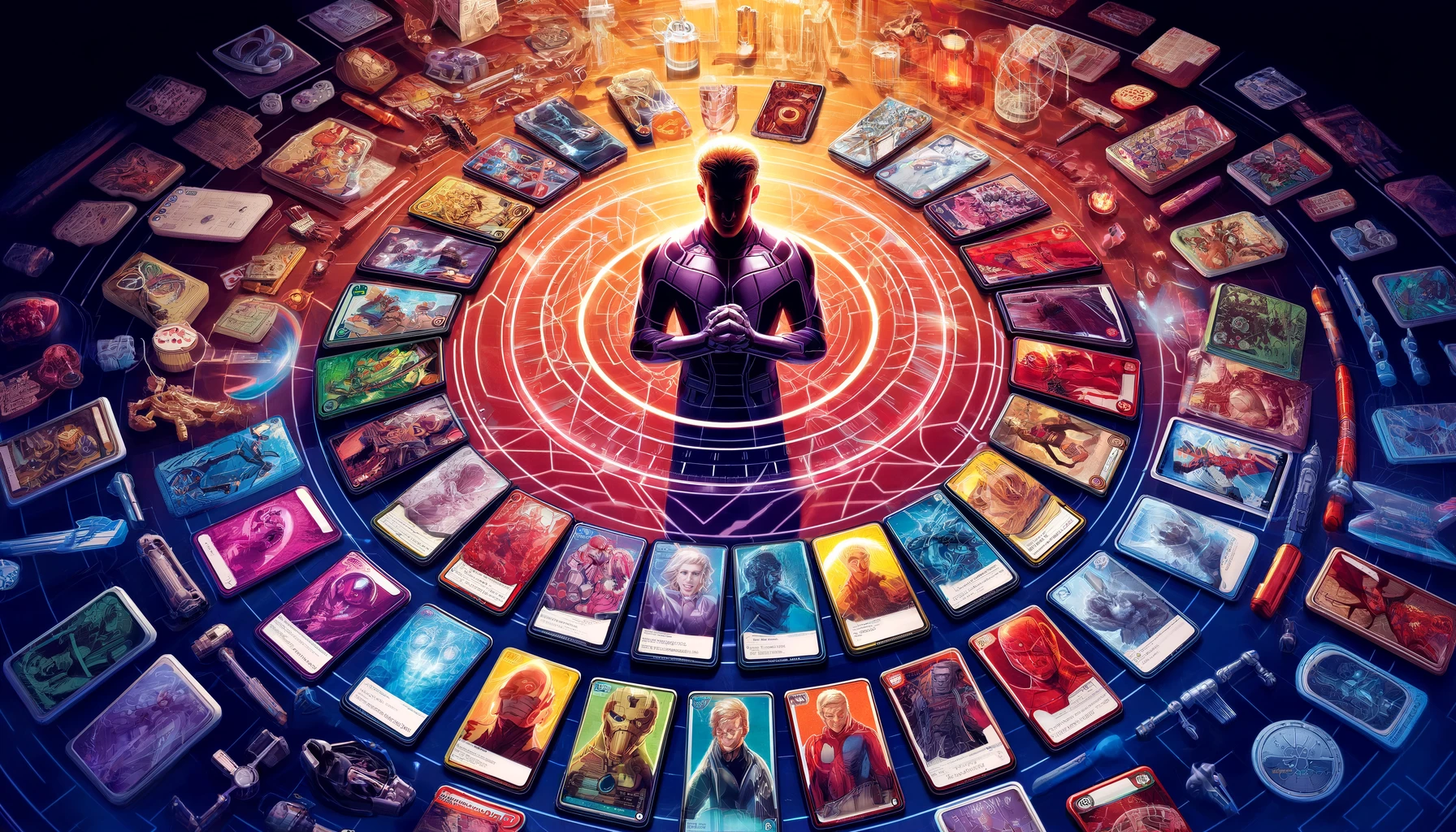 A vibrant, wide-format illustration depicting a strategist surrounded by various Marvel Snap cards, emphasizing balance and versatility in deck-building strategy.