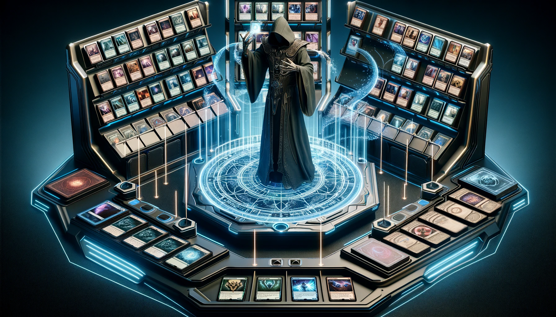 A dynamic scene of a futuristic card game arena with a cloaked figure arranging Marvel Snap cards on a high-tech platform, showcasing strategic deck building.