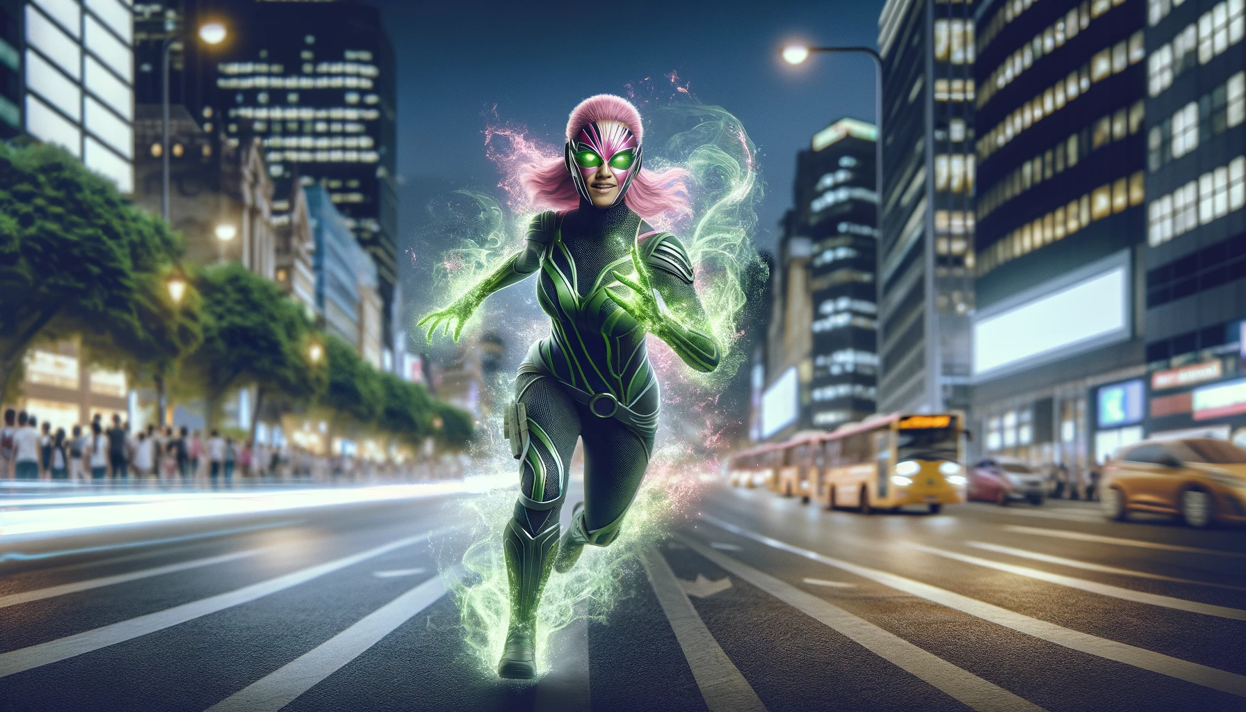 A vivid depiction of Blink, a character from Marvel Snap, racing through a bustling city street at night. She is shown with pink skin and a striking green and black costume, her hands radiating dynamic green energy, adding a supernatural flare to the realistic urban setting.