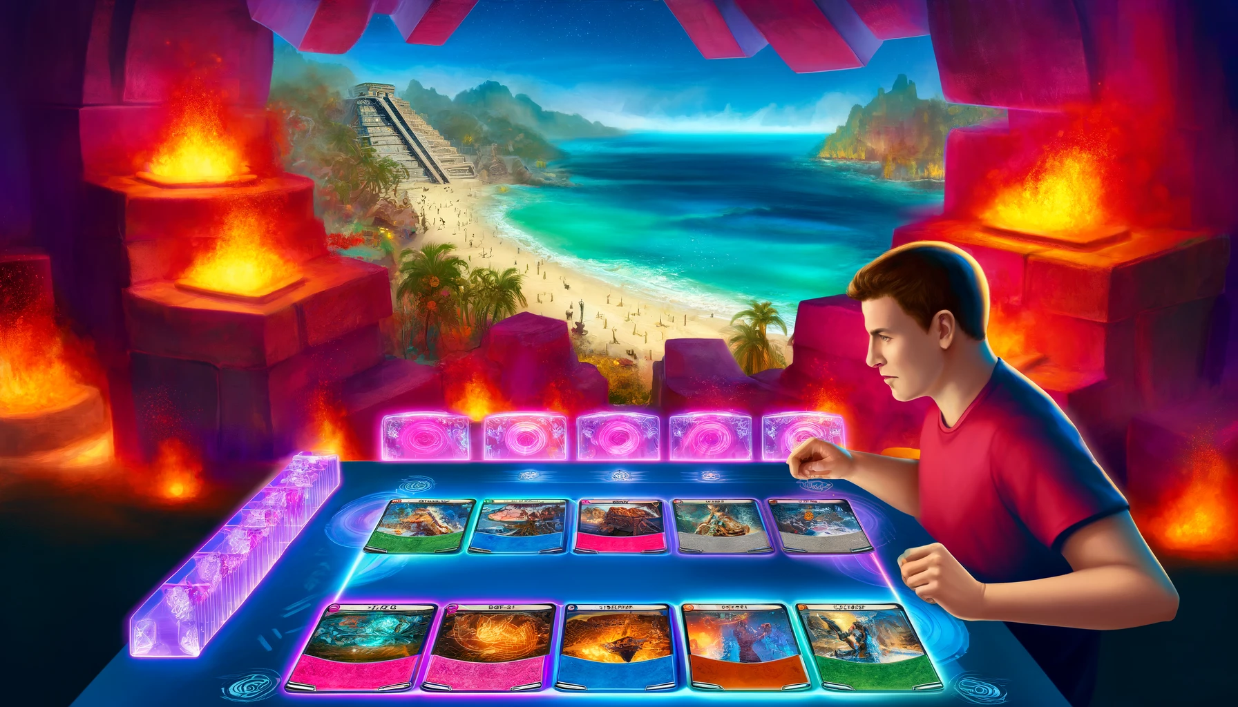 Intense Marvel Snap duel between two players, surrounded by Cancun's mystical ruins and enchanted waters, depicting tension and decision-making.