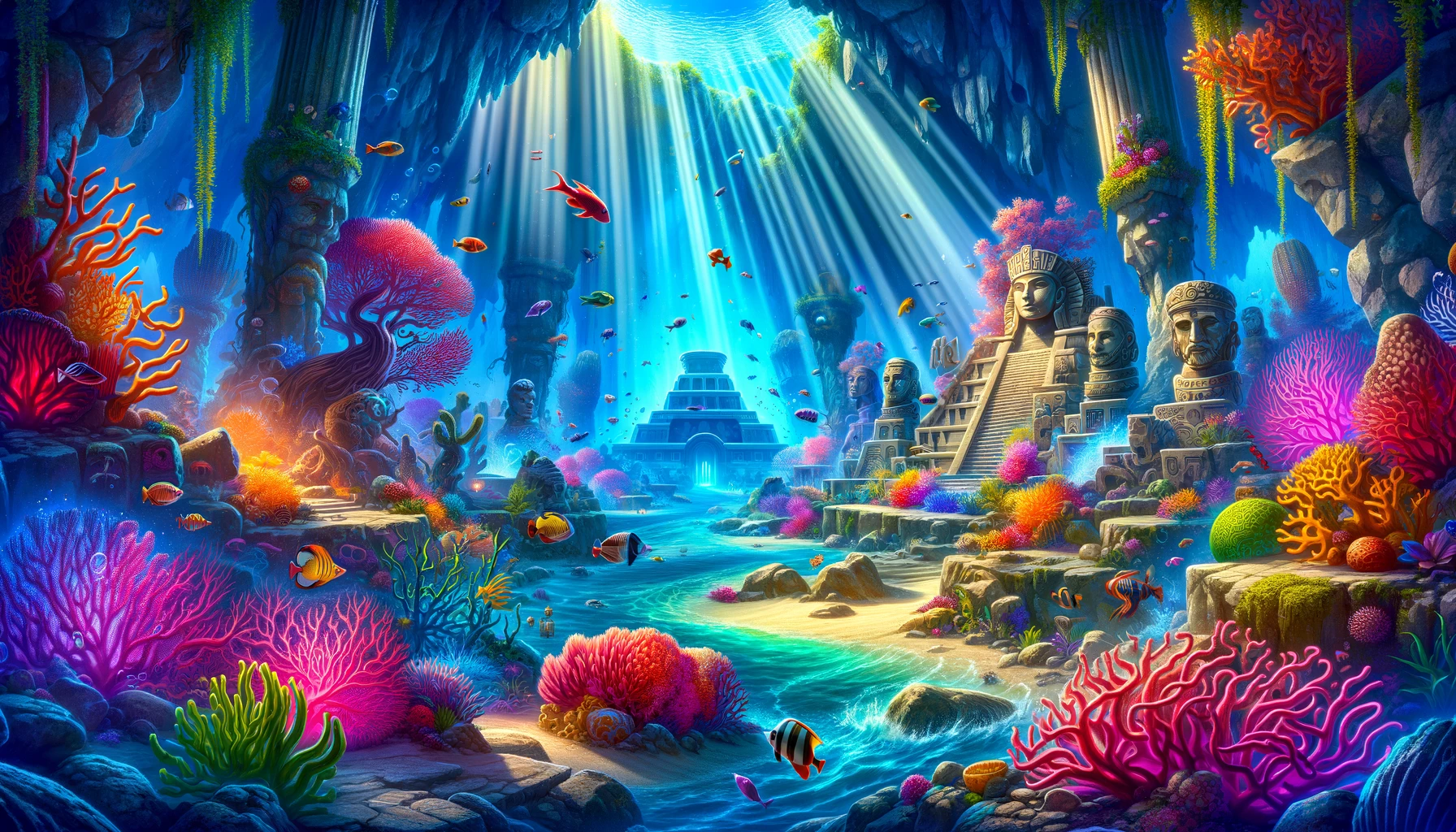 Enchanting underwater city with coral reefs, fish, and ancient statues in Cancun.