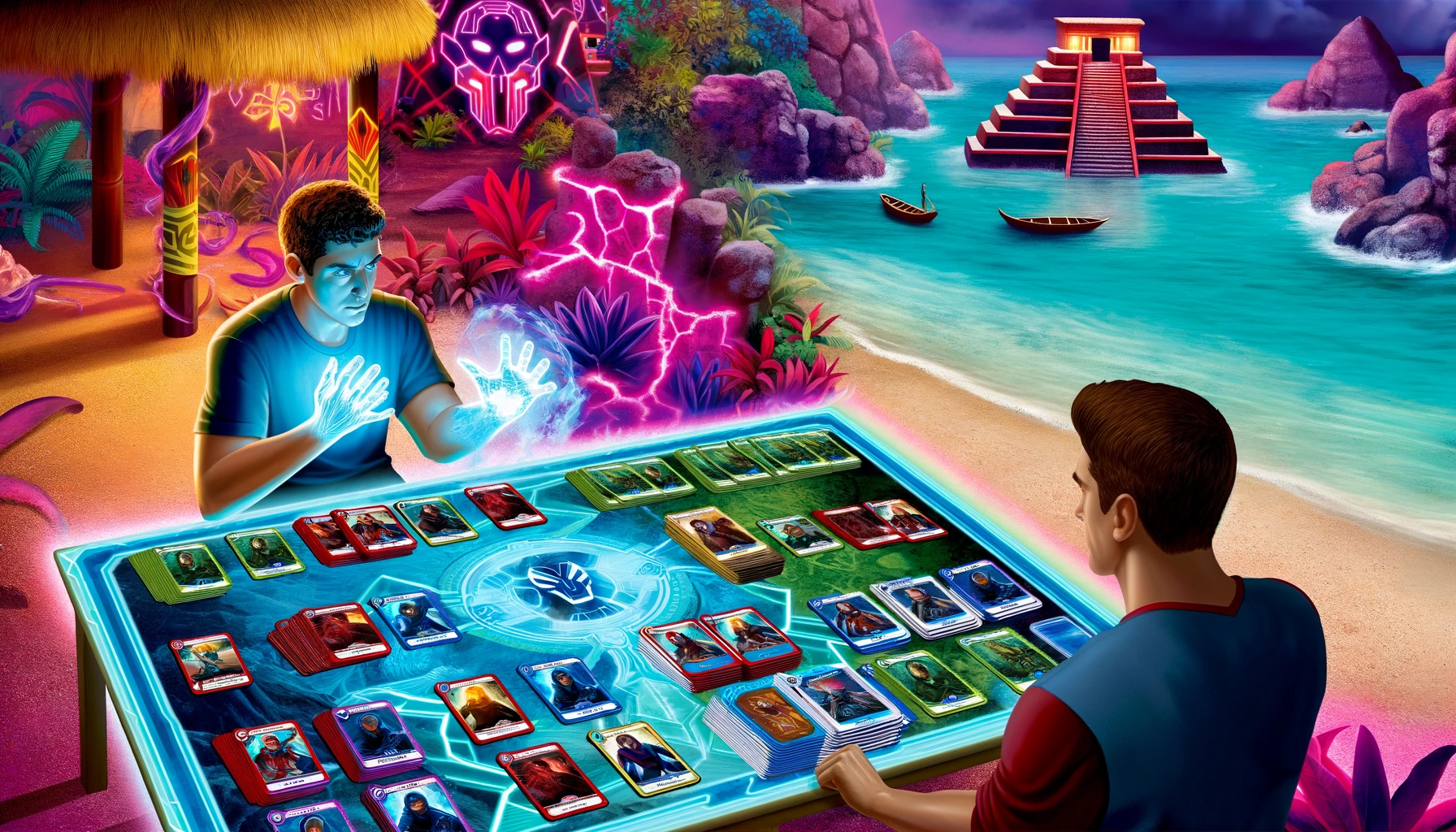 Players making strategic decisions in Marvel Snap with holographic cards floating around, set against Cancun's vibrant beaches and ancient ruins.