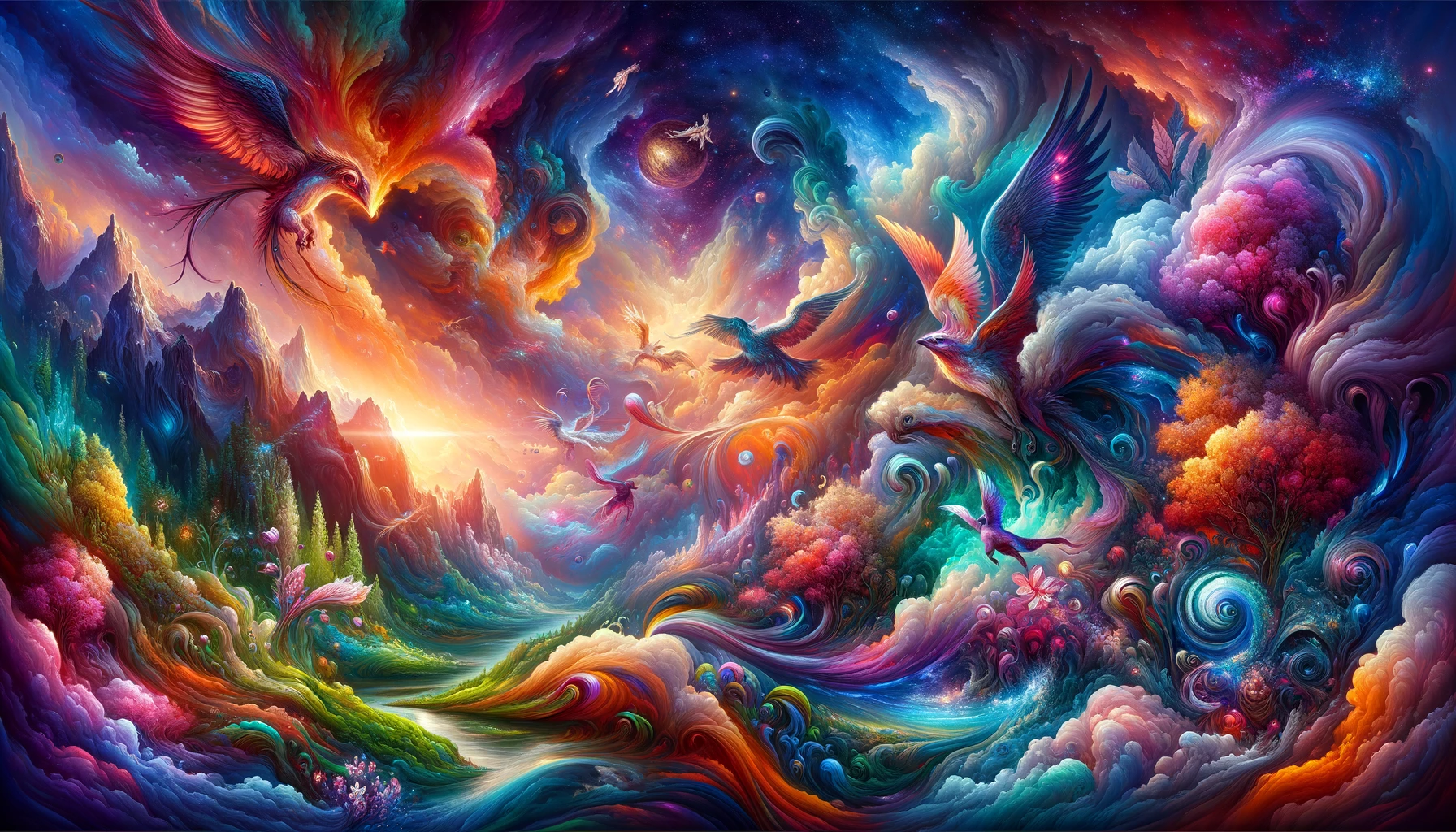 Wide-format, deeply colorful, and captivating illustration featuring a mix of surreal landscapes, mythical creatures, and dynamic energy effects, creating an enchanting and visually stunning scene.
