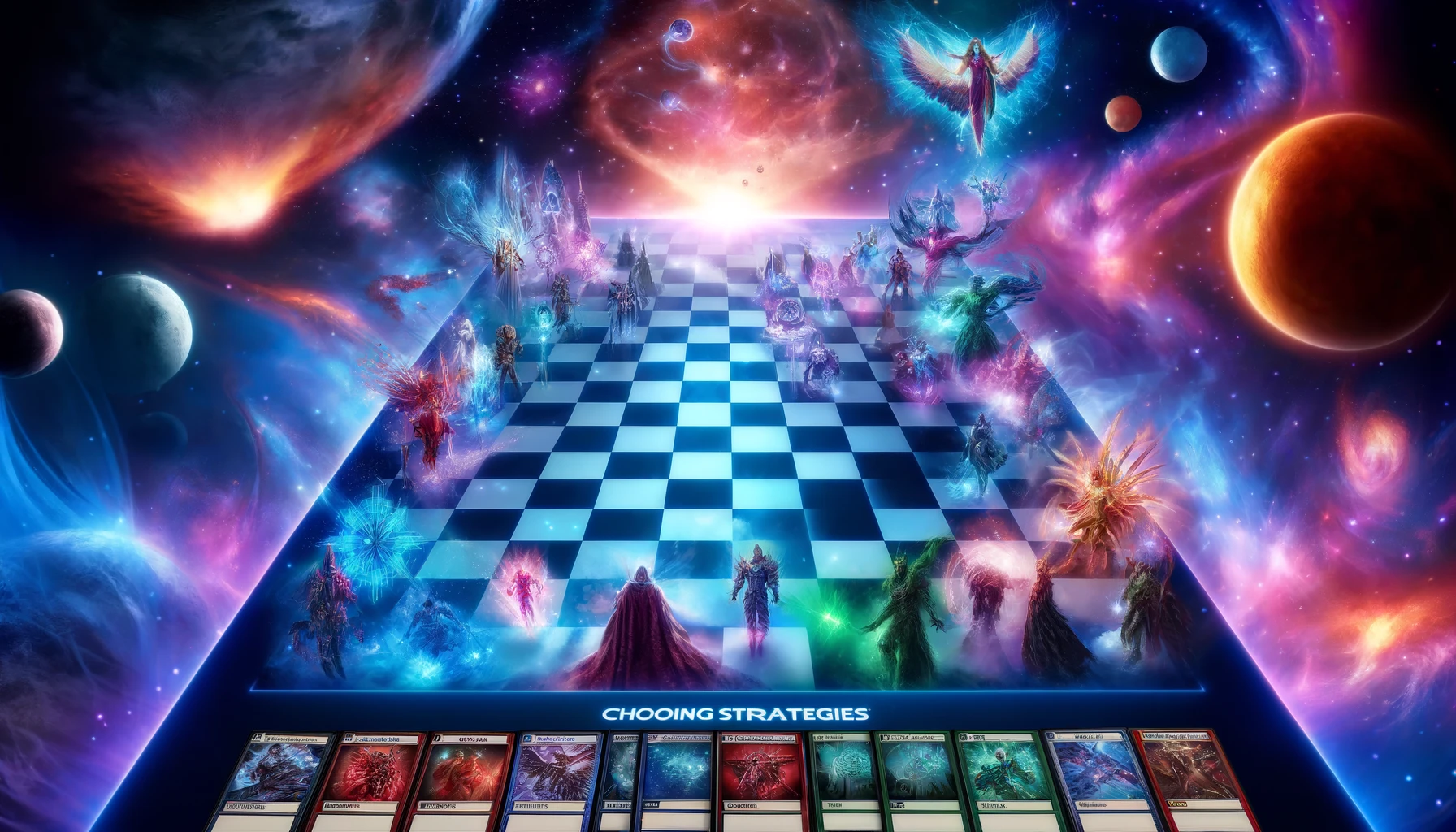 A stunning wide-format image showcasing 'Choosing Strategies in Marvel Snap'. The scene features a cosmic chessboard stretching into the galaxy, adorned with various character cards from the game, each glowing with cosmic energy. The vivid backdrop of stars and nebulae highlights the strategic depth and expansive universe of Marvel Snap.