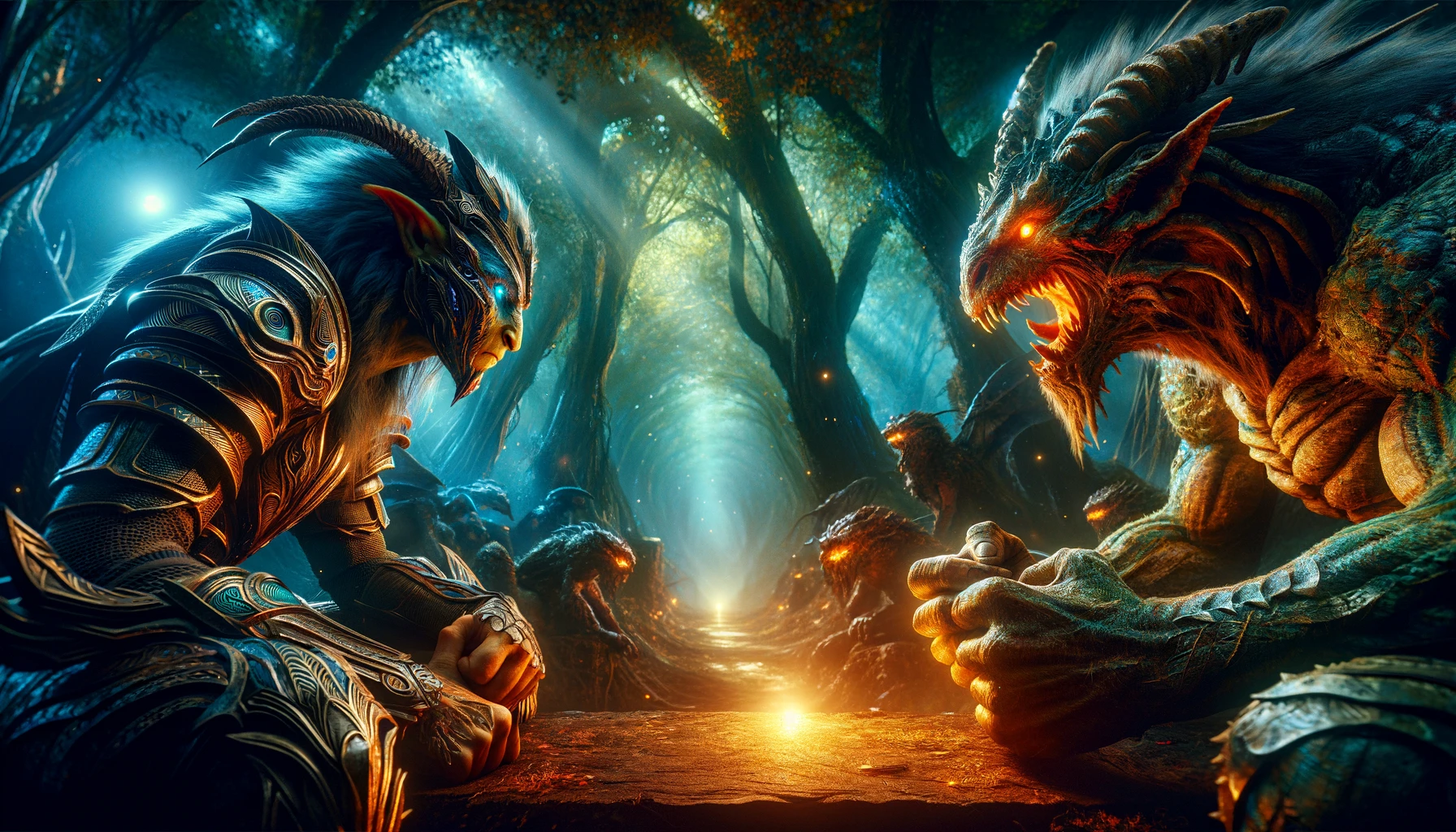 A vibrant wide image depicting two fantastical creatures in a tense standoff in a mystical forest, one humanoid in intricate armor and the other beast-like with scales and large horns.