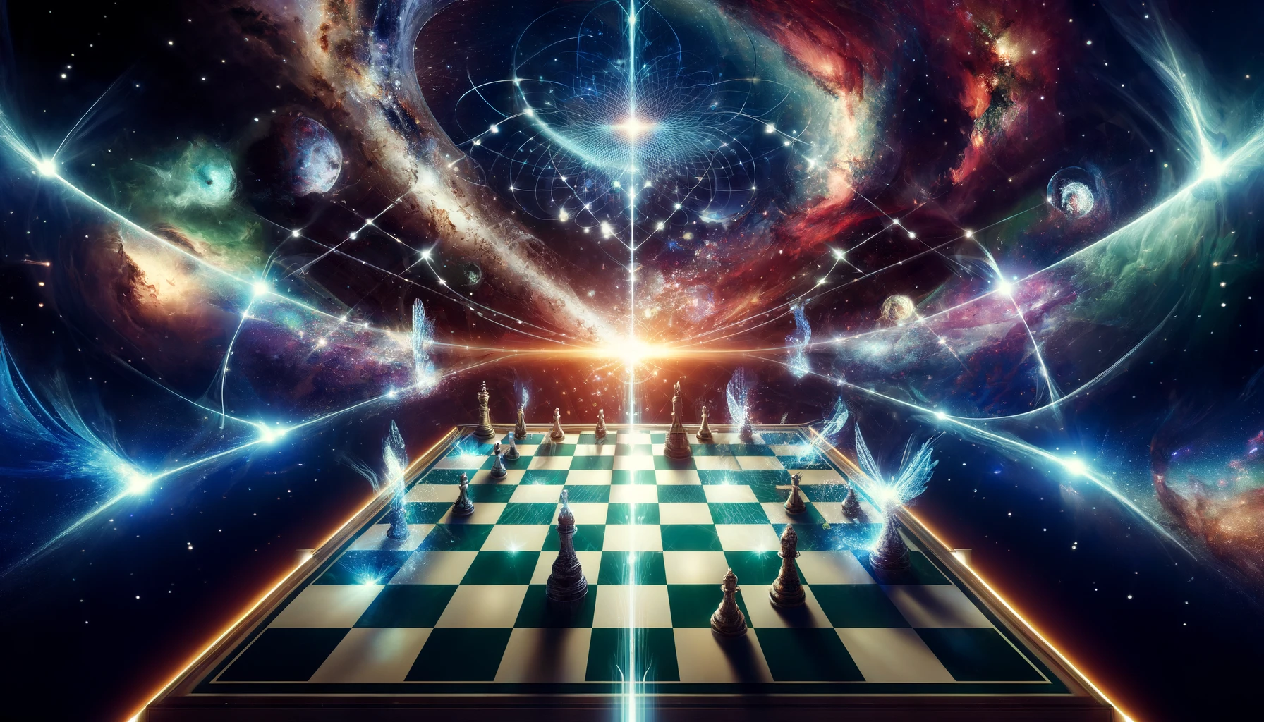 A grand cosmic chessboard extends into the universe, symbolizing strategic mastery in Marvel Snap. The board is illuminated by ethereal lights and surrounded by vibrant celestial bodies, reflecting the complex and dynamic nature of game strategy following the latest balance update.