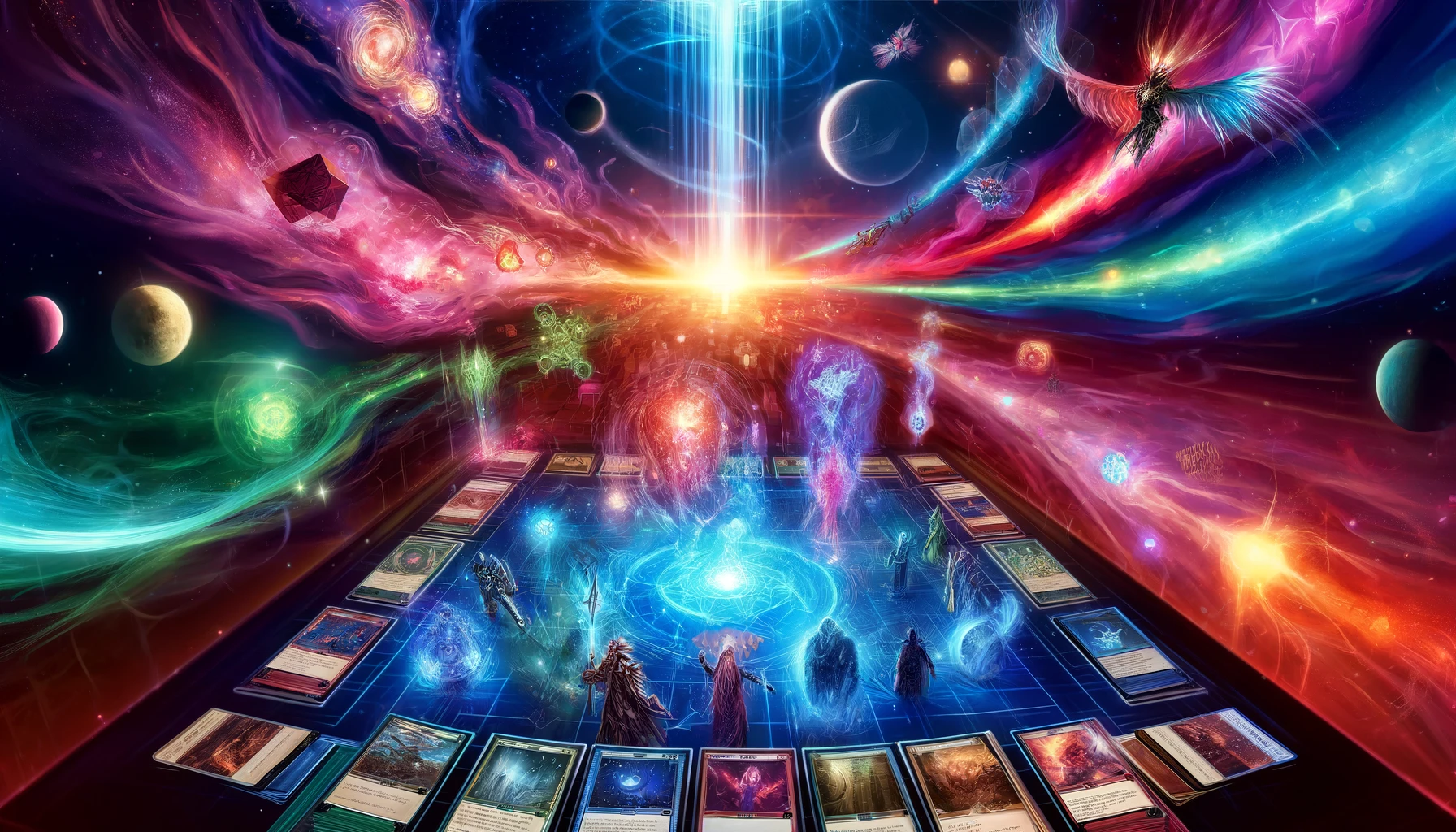 A vivid depiction of a cosmic battleground at Panoptichron, featuring diverse Marvel Snap cards engaged in a dynamic battle with mystical energy flows.