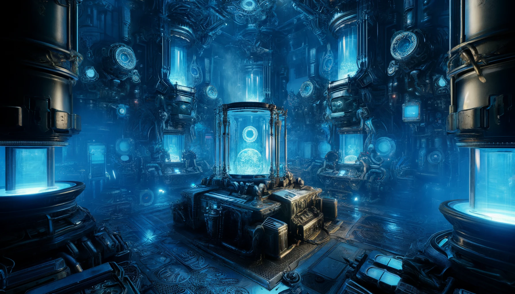 A fantastical laboratory filled with mysterious devices and mechanisms in blue tones, inspired by Quake II interiors, featuring intricate machinery, glowing screens, and futuristic technology illuminated by an eerie blue light.