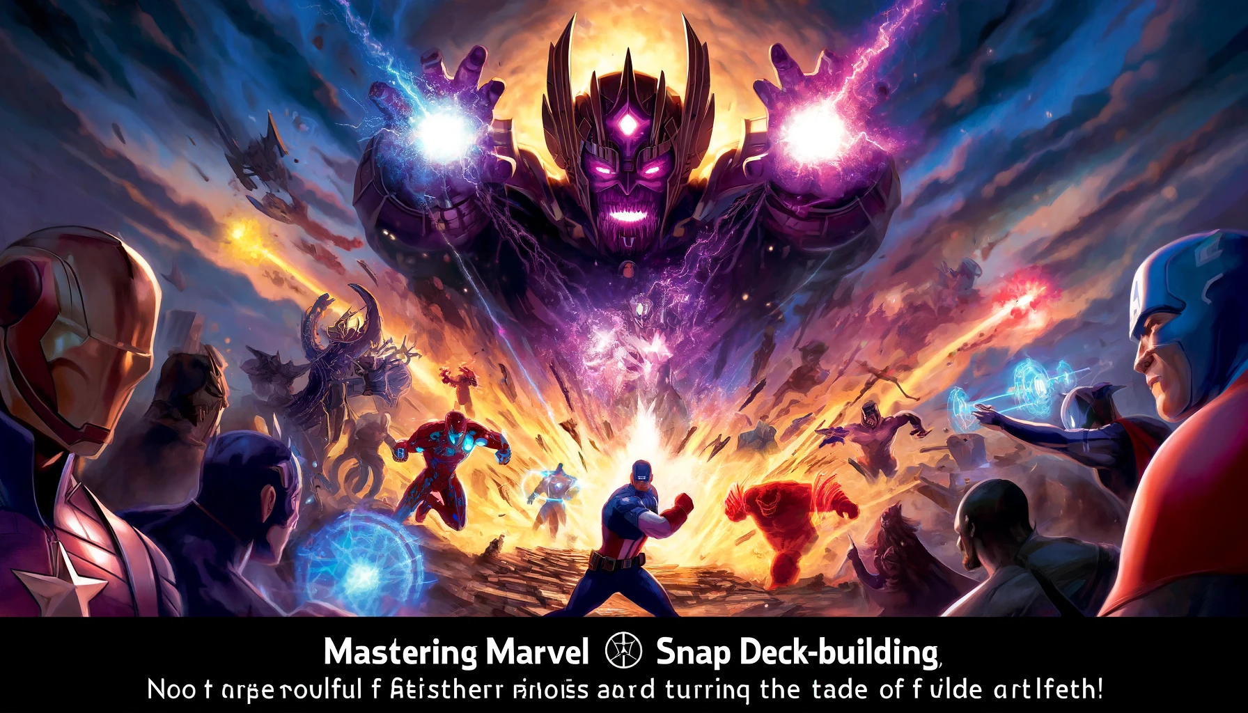 A thrilling depiction of Finisher Cards in Marvel Snap, showcasing a dramatic battle scene where powerful Marvel characters execute game-changing moves on a vividly illustrated battlefield, emphasizing the strategic climax of deck-building.