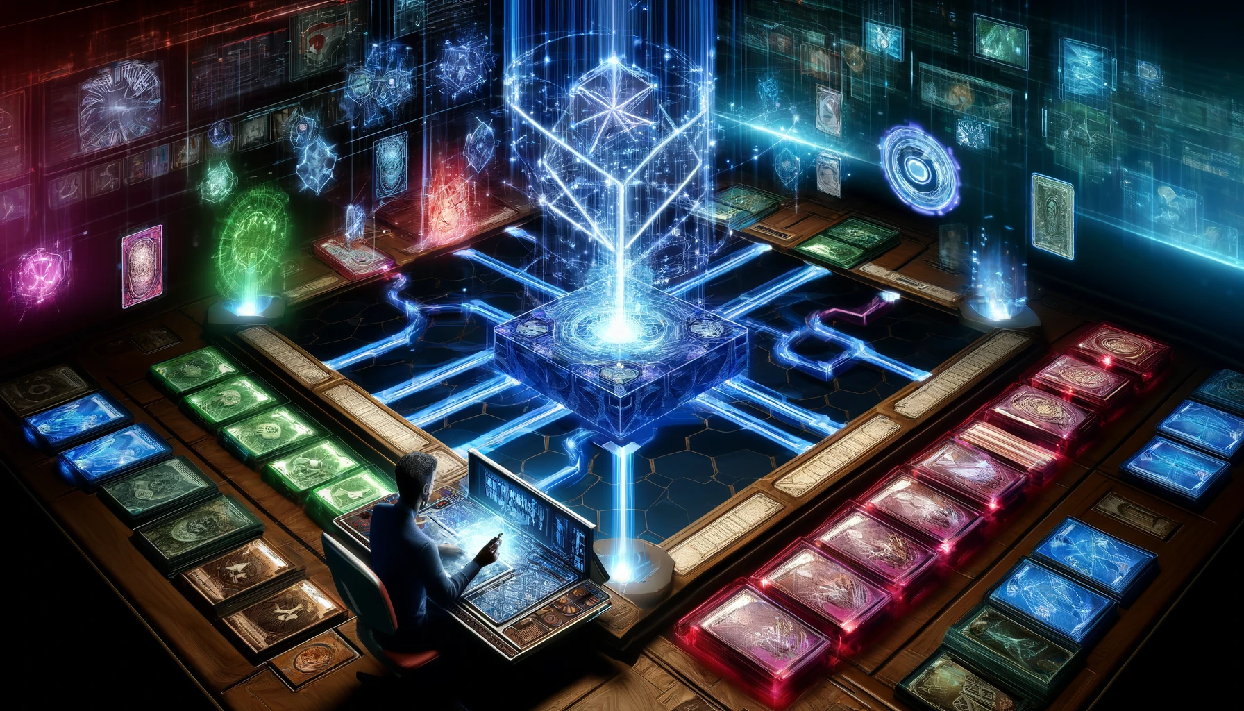 A vivid, wide-format image of a futuristic strategist at a high-tech command center, manipulating a holographic interface that shows multiple paths of gameplay, symbolizing the deck's flexibility and strategic depth across various scenarios.