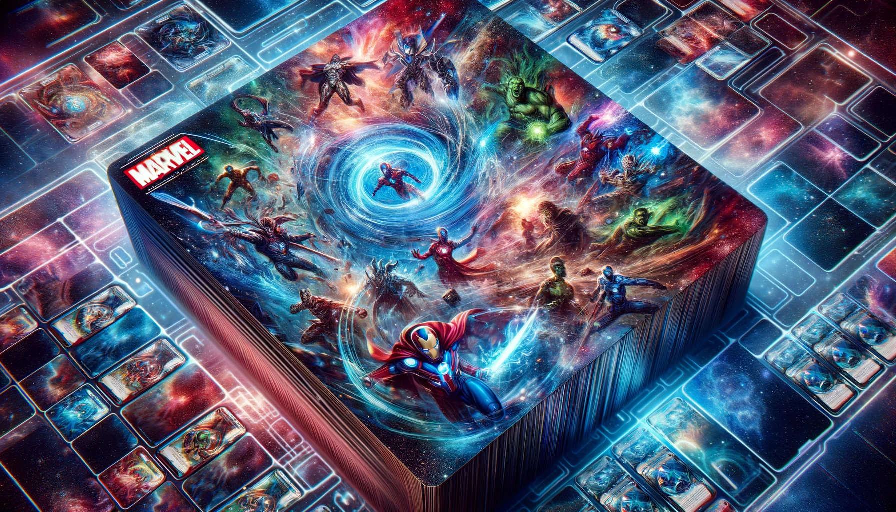 A scene depicting Marvel superheroes cards unleashing powers on a cosmic battlefield, emphasizing strategic gameplay.