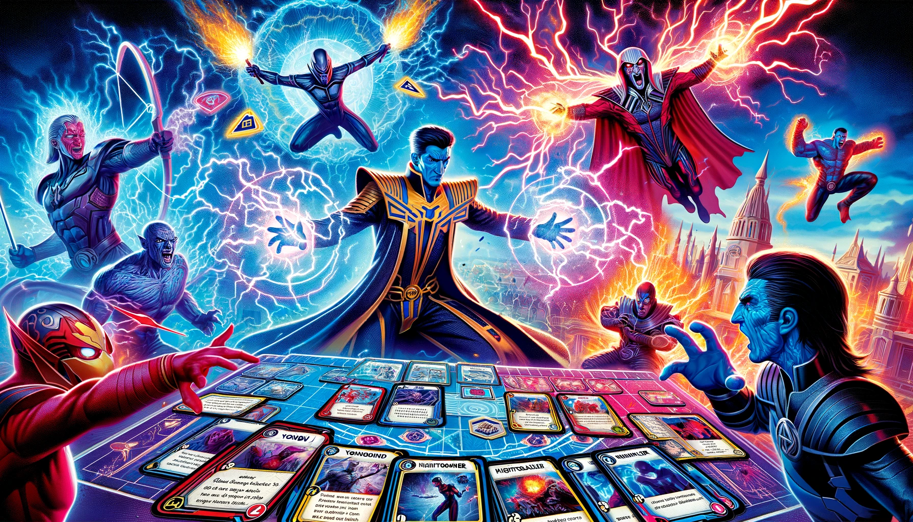 Illustration featuring Yondu destroying a card with his energy arrow, Nightcrawler teleporting between locations, and Mister Sinister duplicating himself on a Marvel Snap battlefield with three locations in a vibrant, fantastical atmosphere.