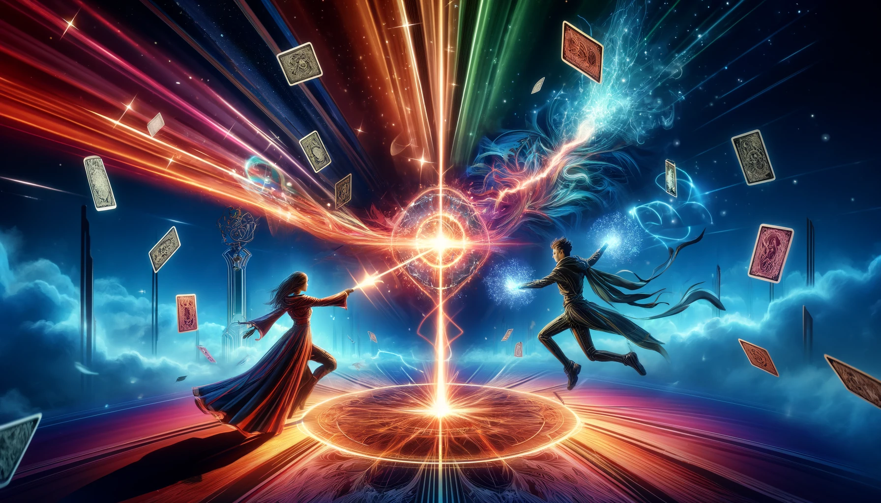 Two dynamic characters channel energy into a powerful beam, surrounded by strategic Marvel Snap cards in a vibrant, mystical setting.