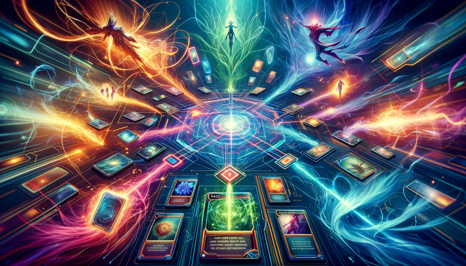 A dynamic scene from Marvel Snap showcasing Sage's card synergy, visualized as a radiant energy hub on a digital battlefield. Different cards are interconnected through vibrant streams of light and energy, enhancing each other's powers in a visually stunning display.