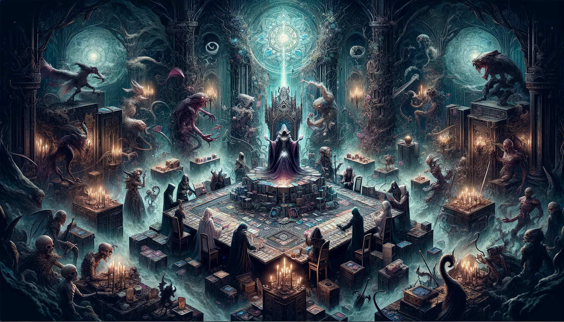 A wide-format illustration in a dark fantasy style, featuring a Pool 1 card game setup with detailed characters and creatures around a mystical altar. Brightness is added to the details, making the elements more vivid and prominent.