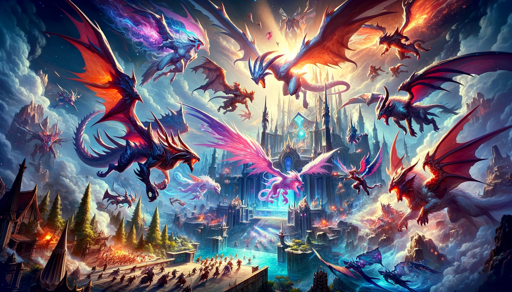 Vivid illustration of mythical creatures attacking a fantastical fortress, with dragons and winged beasts swooping down from the sky and defenders retreating under the forceful assault.