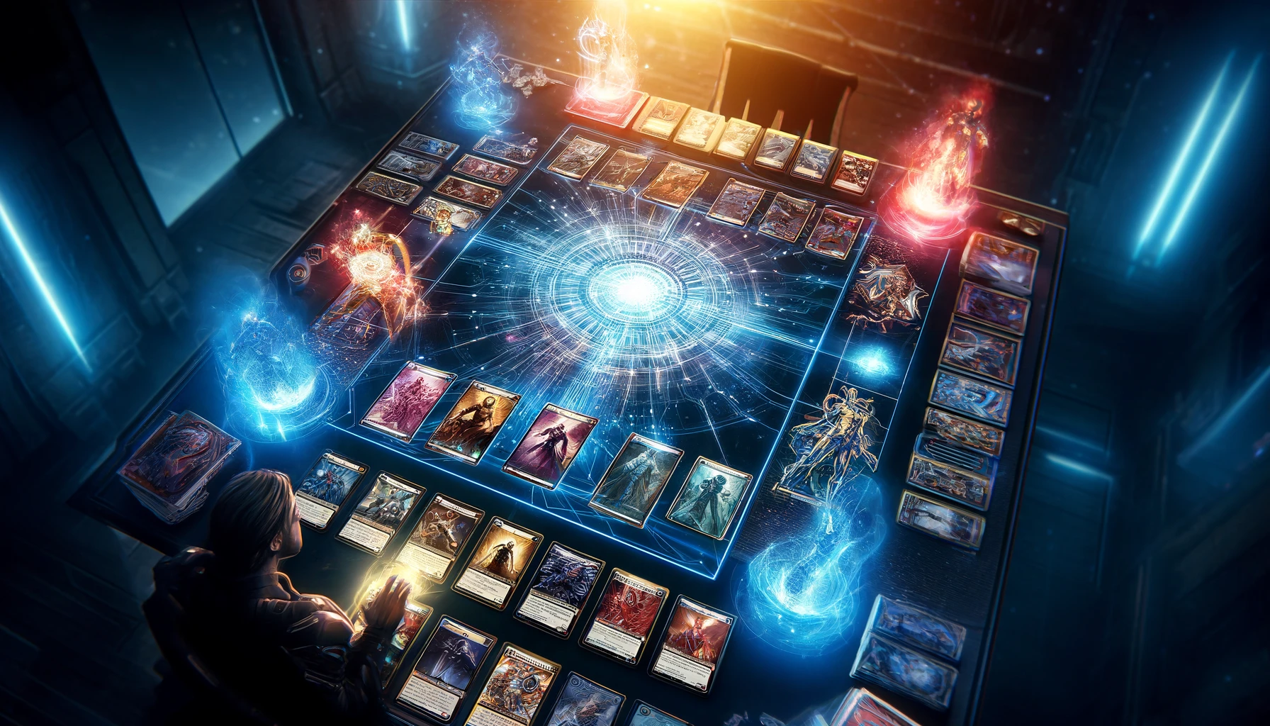Digital illustration of a high-stakes Marvel Snap game featuring superhero cards on a futuristic holographic board in an intense strategic session.