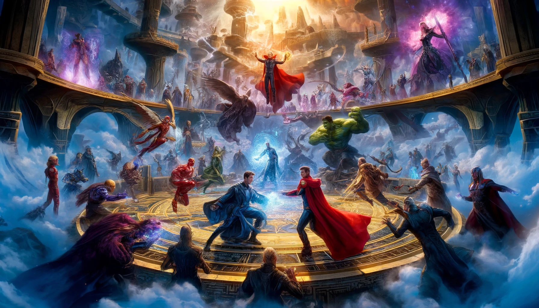 A high-color-depth, wide-format image inspired by Marvel Snap, showing characters from Pool 1 in a grand battle or strategic contest. The scene includes dynamic action poses, with characters utilizing their powers and abilities against a dramatic backdrop of ancient ruins and futuristic technology, creating a unique, otherworldly atmosphere.