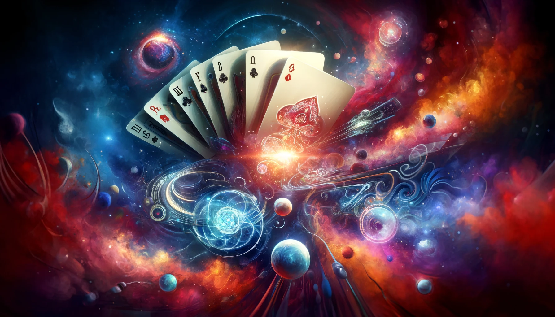 An ethereal and vibrant cosmic scene featuring playing cards suspended amidst swirling galaxies and colorful nebulae, symbolizing strategic gameplay in Marvel Snap.